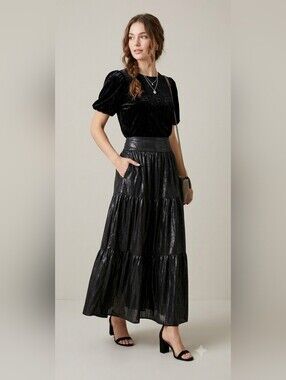 MELLODAY Romantic Black Tiered Maxi Skirt With Metallic Accent With Pockets